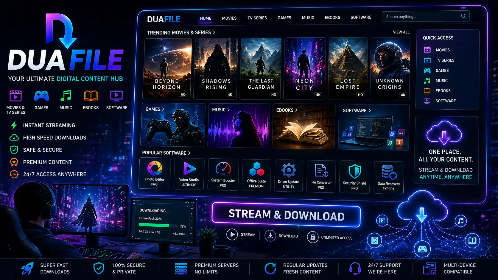 DuaFile platform — browse movies, TV series, software, games, music and eBooks instantly for free